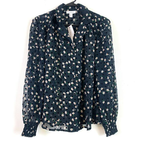 NWT Topshop Flock Daisy Floral Button Front Semi Sheer Blouse Black Size 4 - Picture 3 of 7